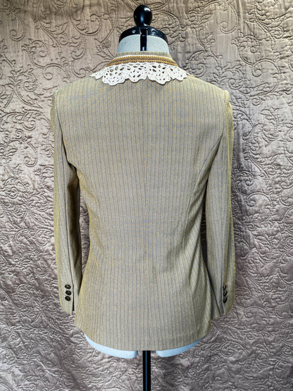 Tan Pinstripe Blazer - Handmade Upcycled Crochet Lace Victorian Steampunk Jacket - Size Small