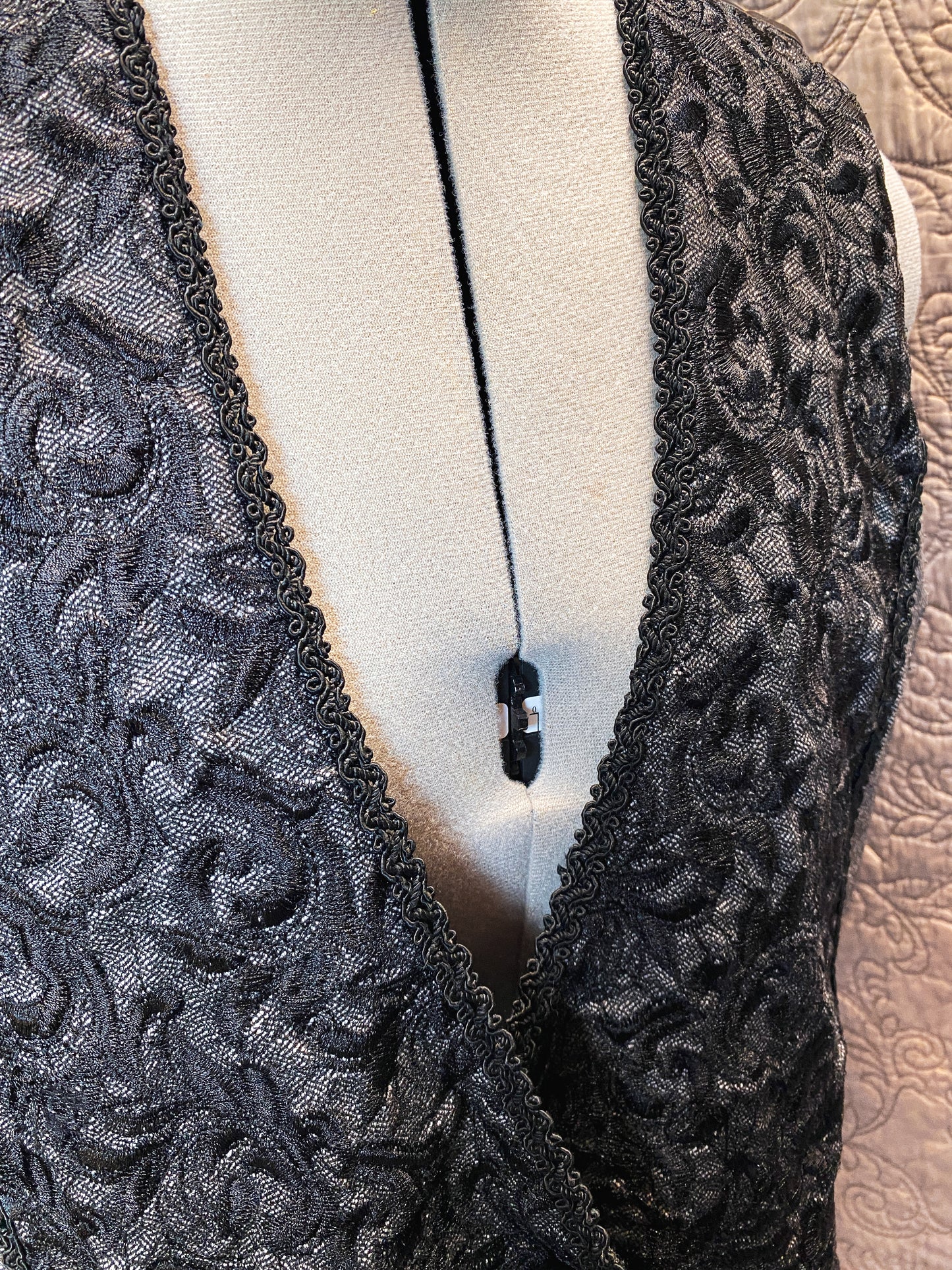Modern Black and Grey Button Up Vest - Embroidered, Textured Sleeveless Jacket - Chico's Size 2