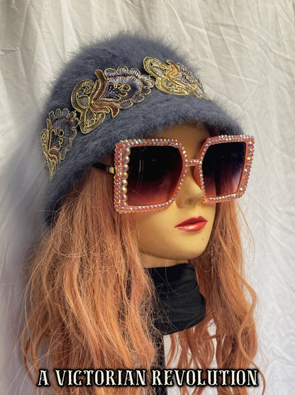 Fuzzy Angora Bucket Hat with Embroidered Embellishments