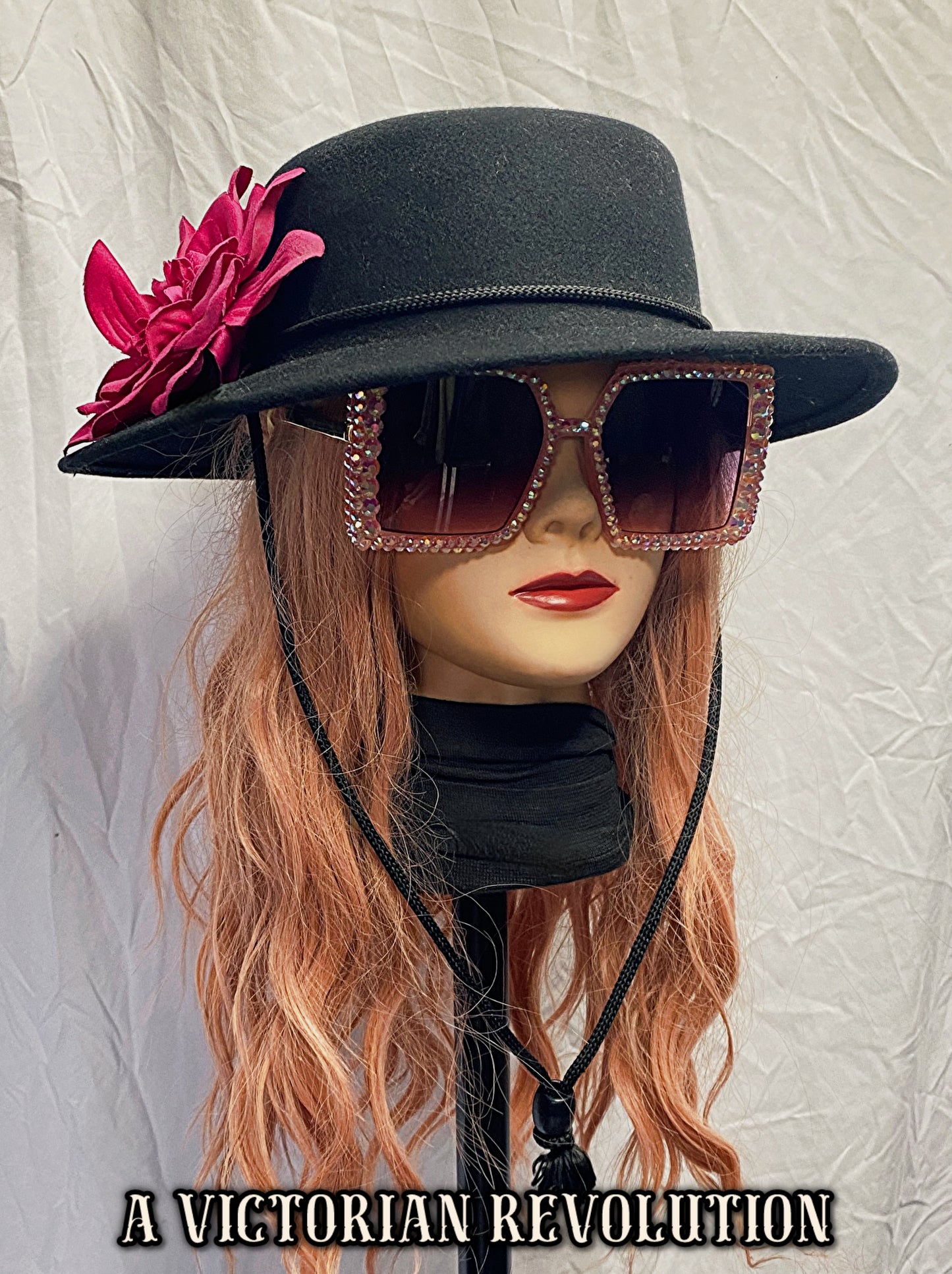 Black Wide Brimmed Hat with a Fuchsia Flower