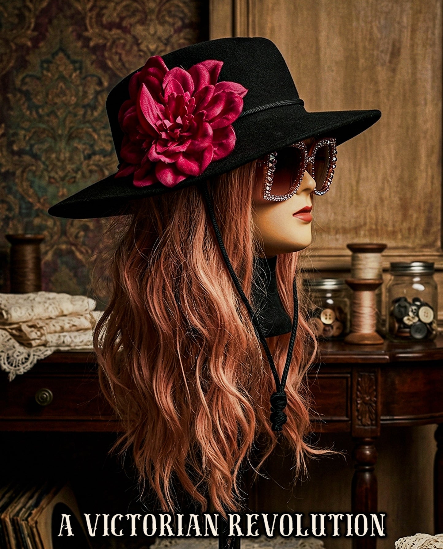 Black Wide Brimmed Hat with a Fuchsia Flower