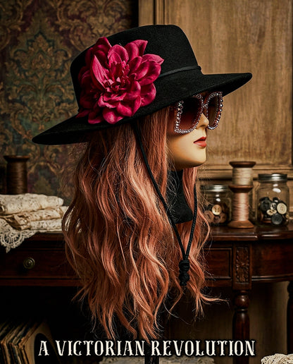 Black Wide Brimmed Hat with a Fuchsia Flower