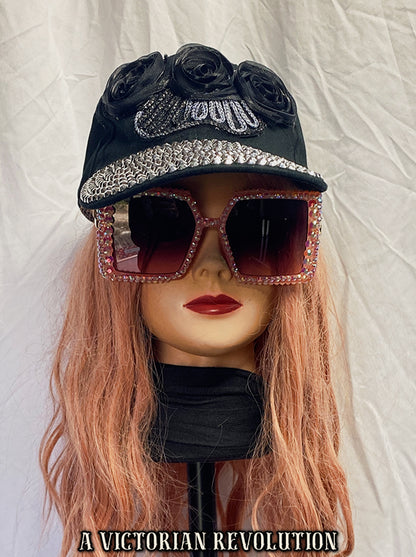 Punk Glam Black Studded Baseball Cap with Floral Accents