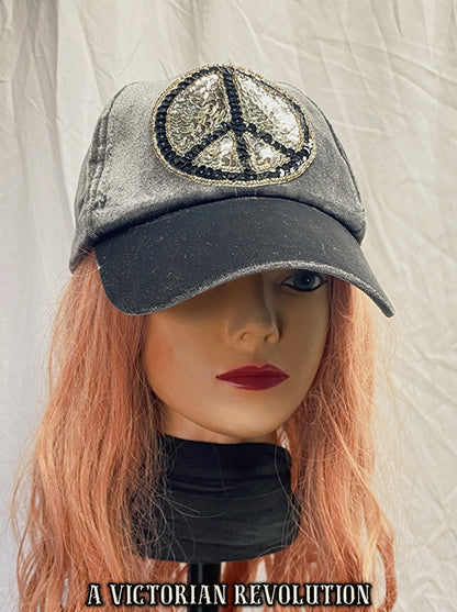 Grey Velvet + Sequin Peace Sign Baseball Cap