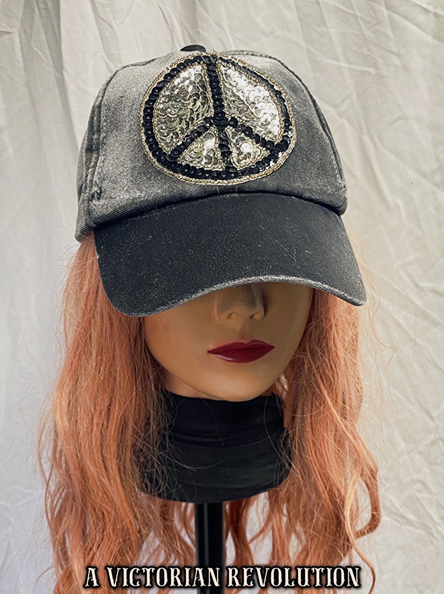 Grey Velvet + Sequin Peace Sign Baseball Cap