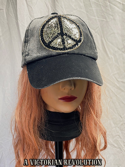 Grey Velvet + Sequin Peace Sign Baseball Cap