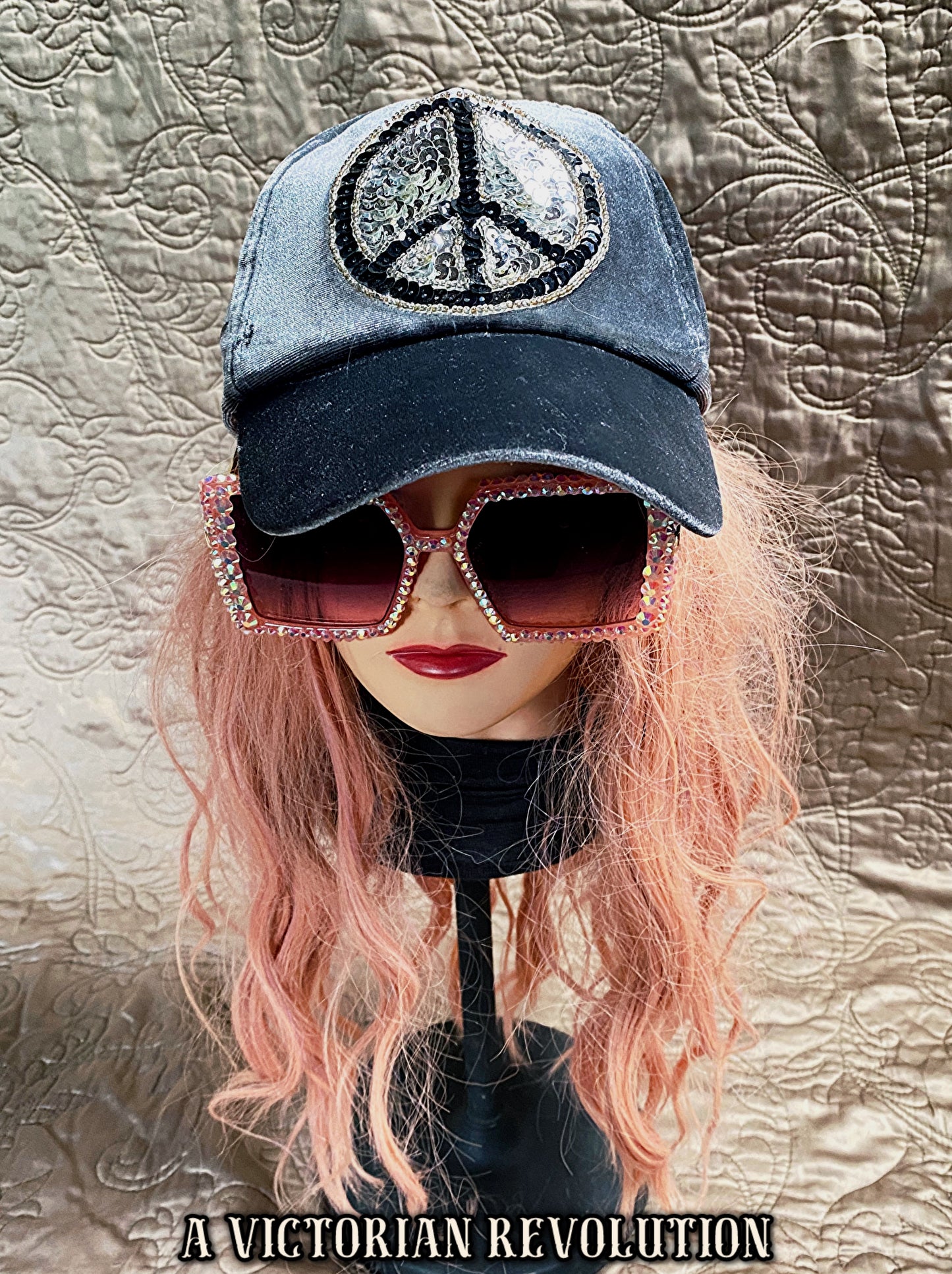 Grey Velvet + Sequin Peace Sign Baseball Cap