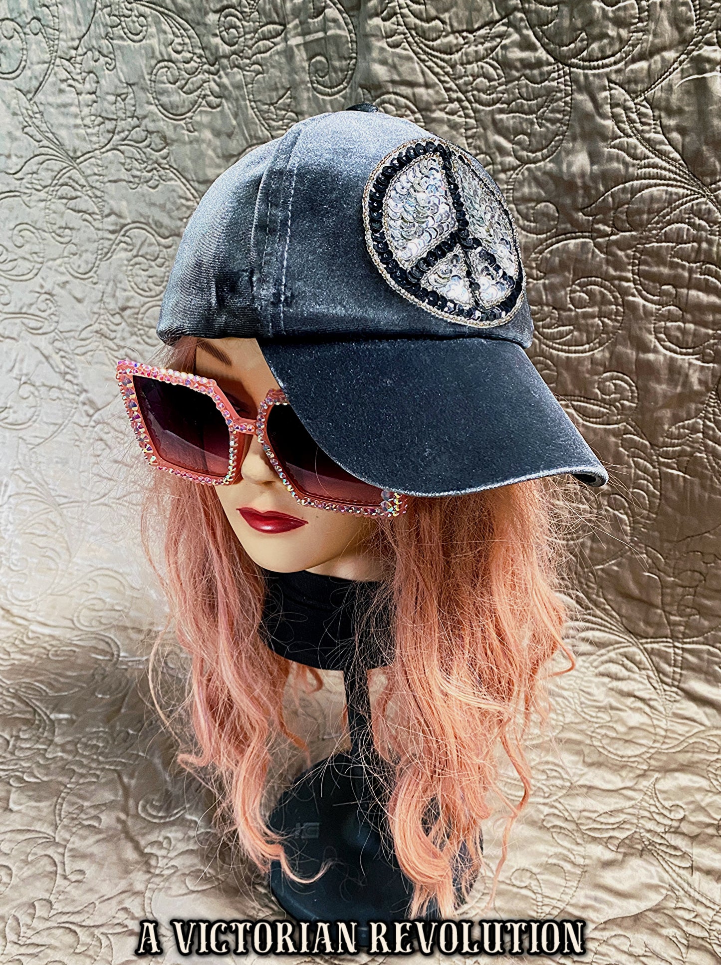 Grey Velvet + Sequin Peace Sign Baseball Cap