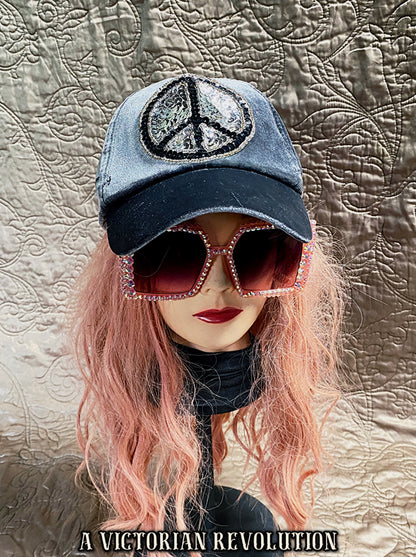 Grey Velvet + Sequin Peace Sign Baseball Cap
