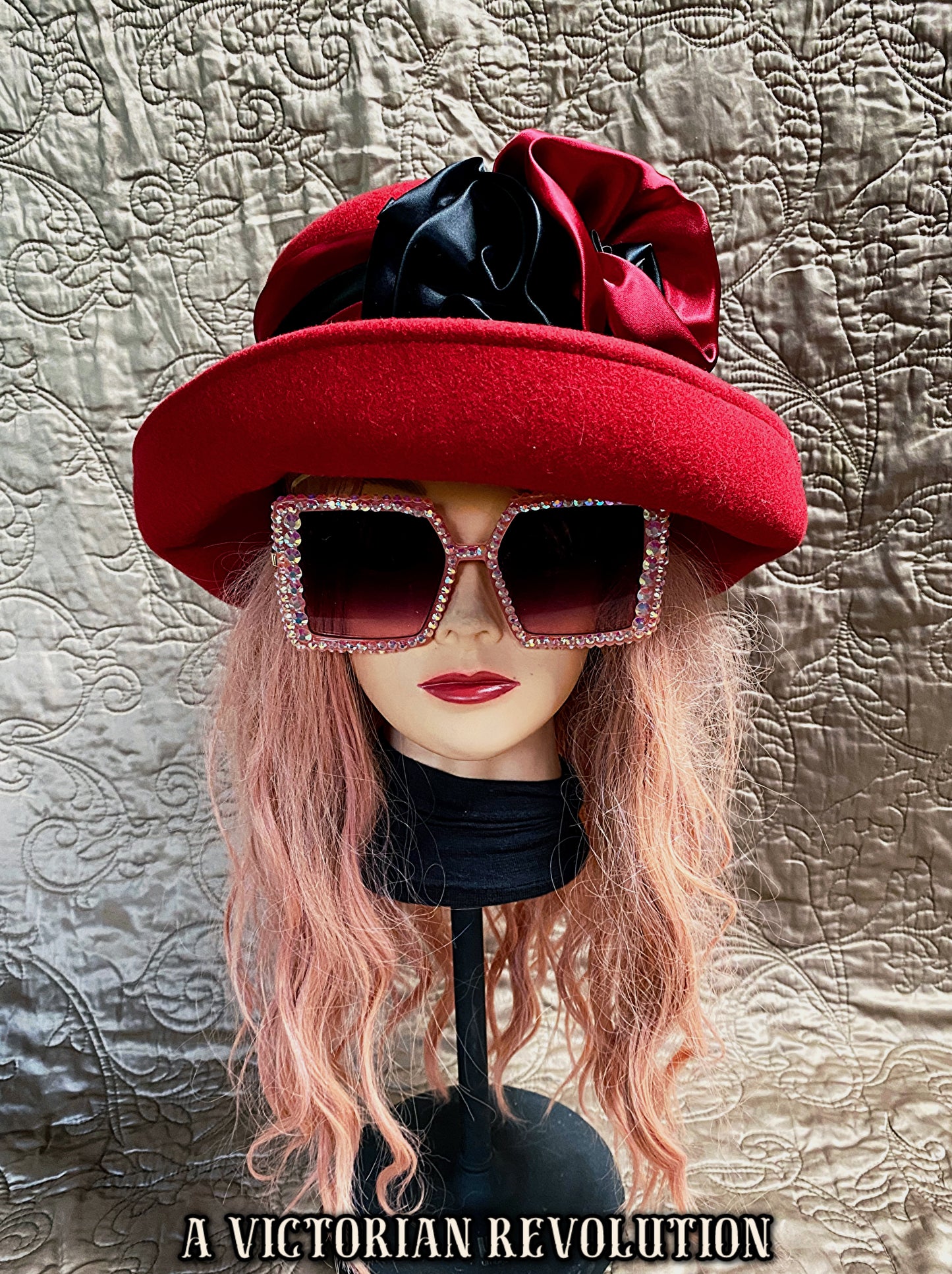 Red + Black Felt Hat with Satin Flowers