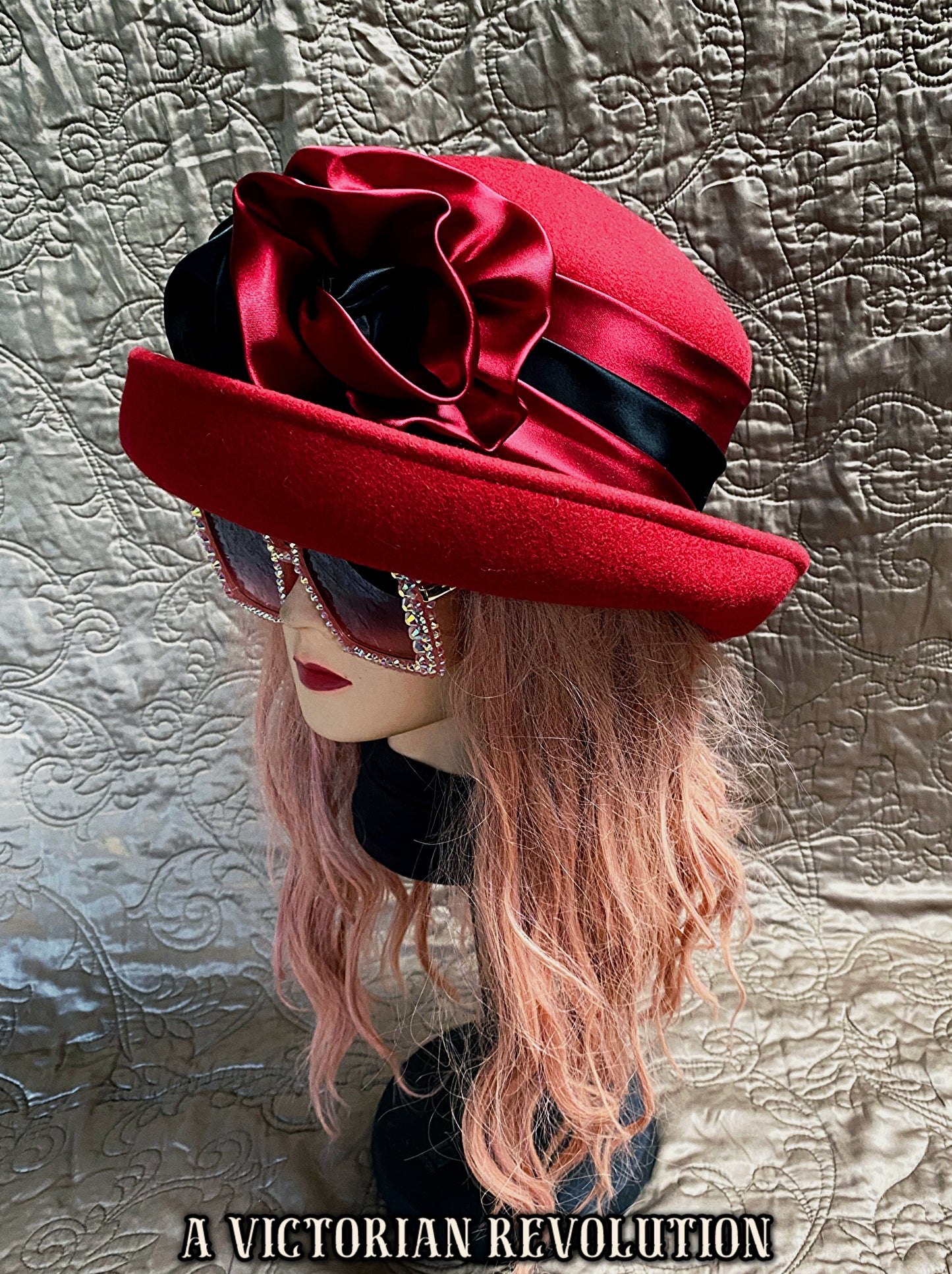 Red + Black Felt Hat with Satin Flowers