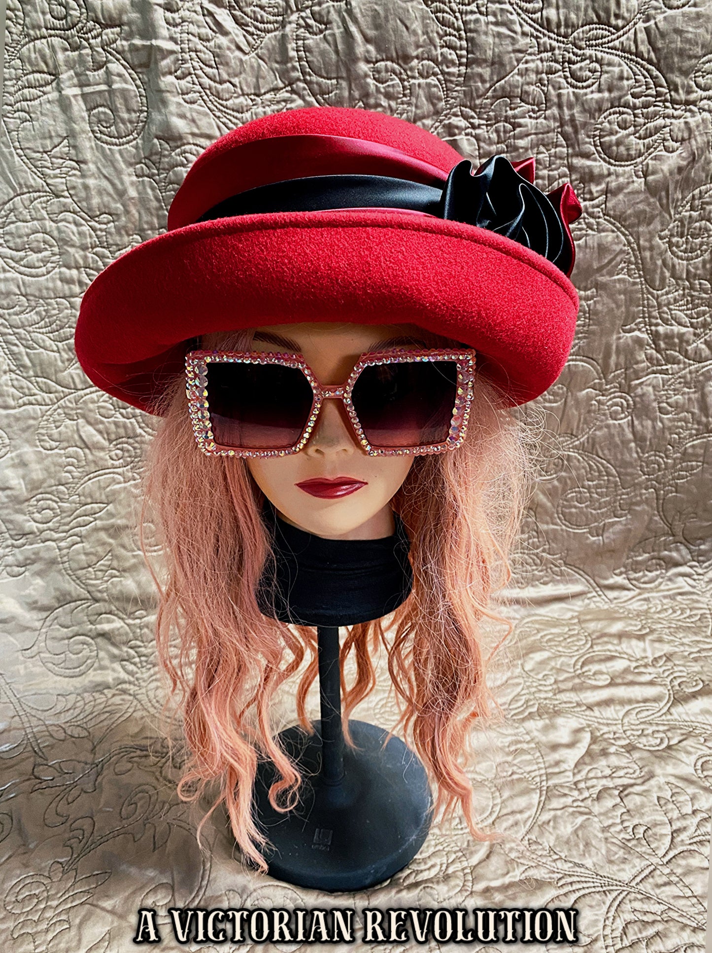 Red + Black Felt Hat with Satin Flowers