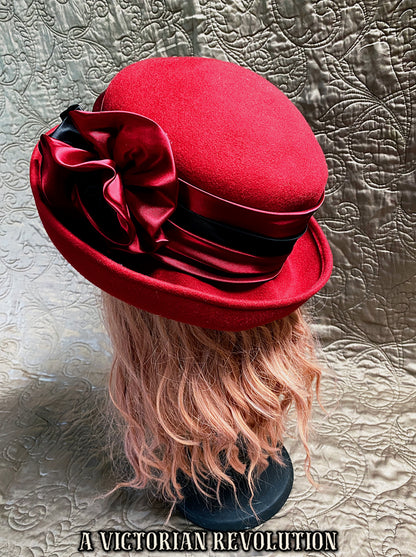 Red + Black Felt Hat with Satin Flowers