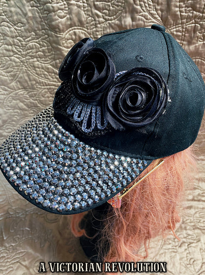 Punk Glam Black Studded Baseball Cap with Floral Accents