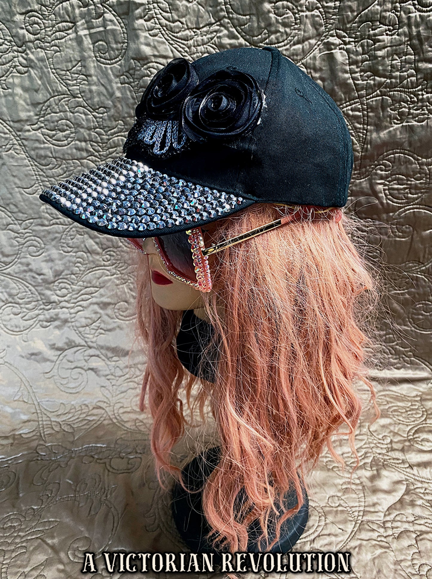 Punk Glam Black Studded Baseball Cap with Floral Accents