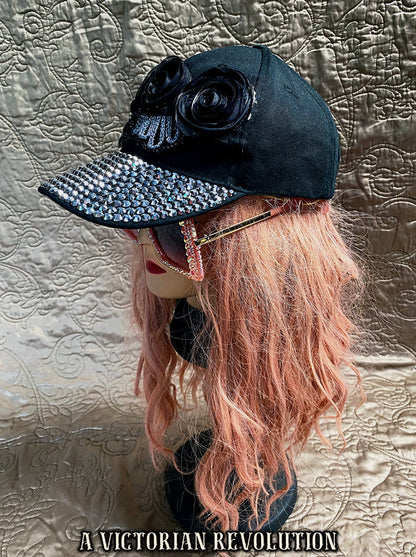Punk Glam Black Studded Baseball Cap with Floral Accents