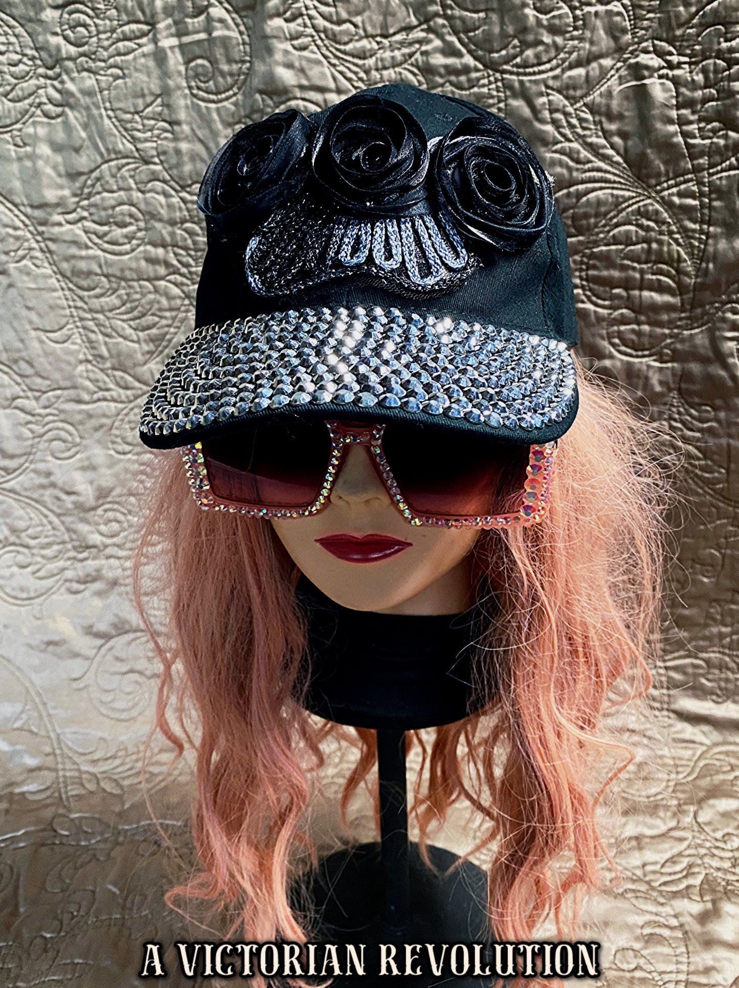 Punk Glam Black Studded Baseball Cap with Floral Accents