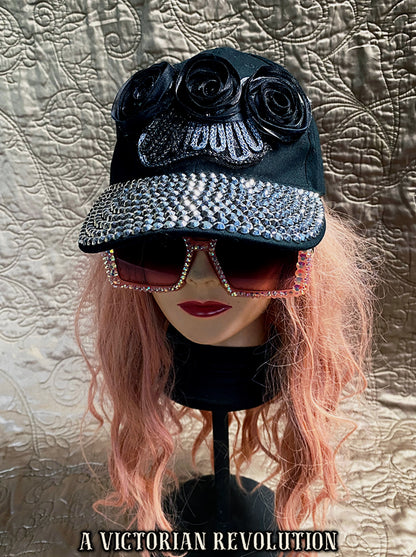 Punk Glam Black Studded Baseball Cap with Floral Accents