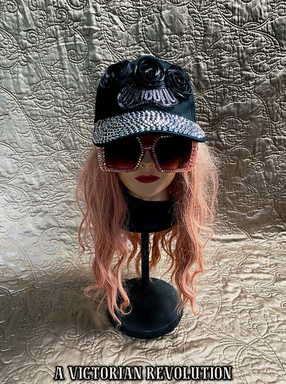 Punk Glam Black Studded Baseball Cap with Floral Accents