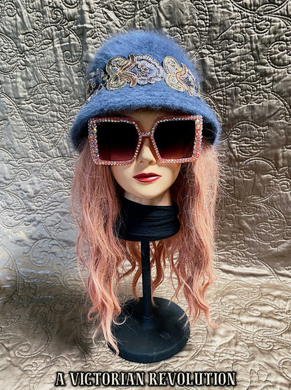 Fuzzy Angora Bucket Hat with Embroidered Embellishments