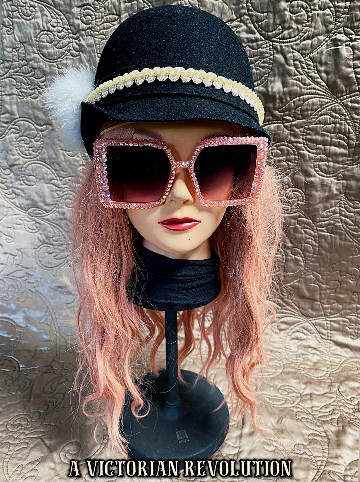 Black Felt Cloche Bucket Hat with a White Feather and Faux Pearl Accent