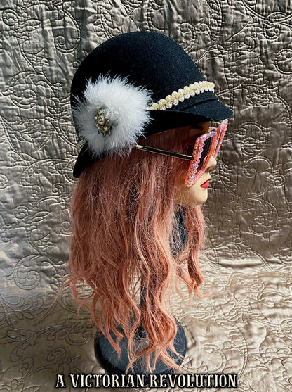 Black Felt Cloche Bucket Hat with a White Feather and Faux Pearl Accent