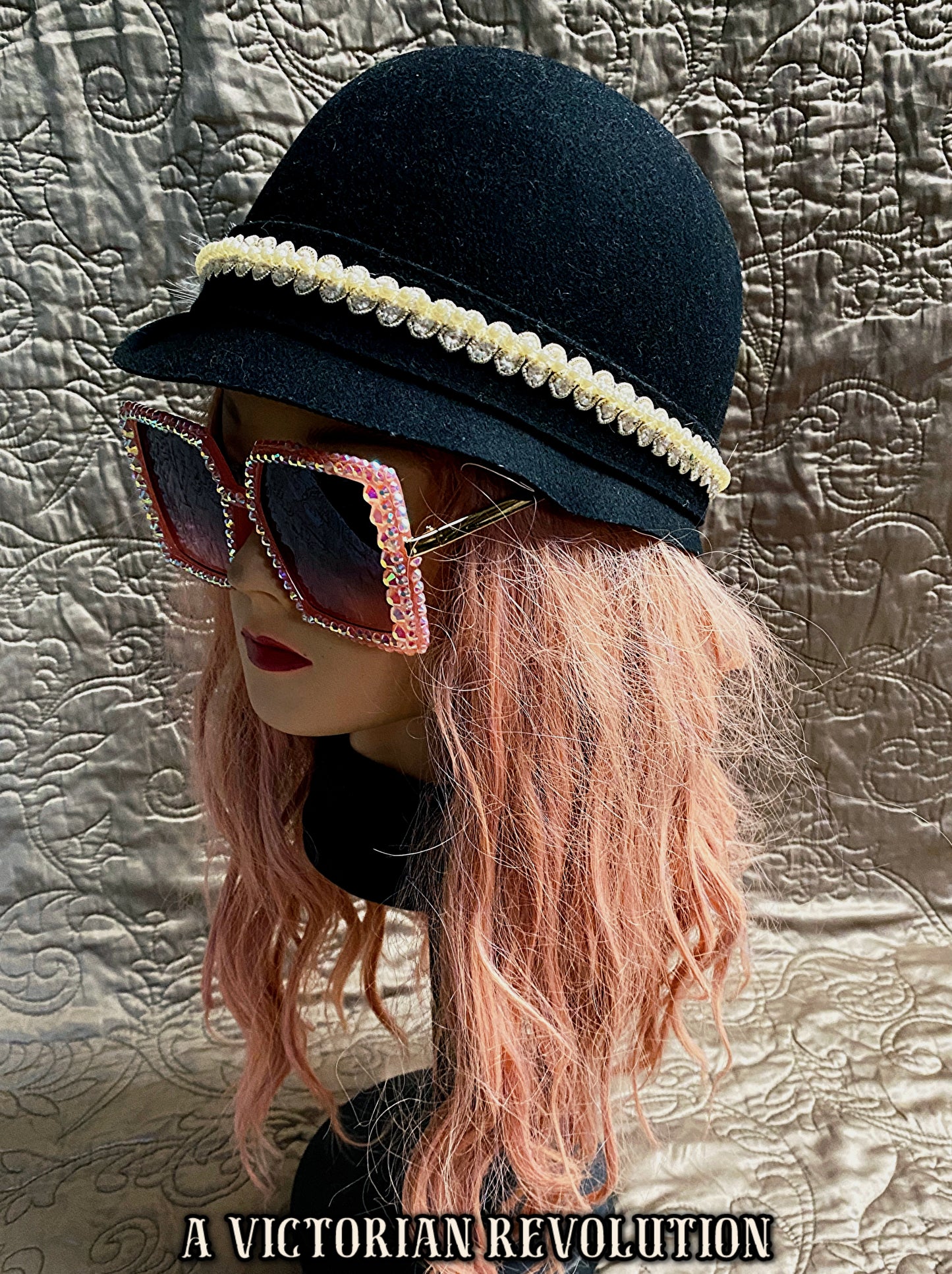 Black Felt Cloche Bucket Hat with a White Feather and Faux Pearl Accent