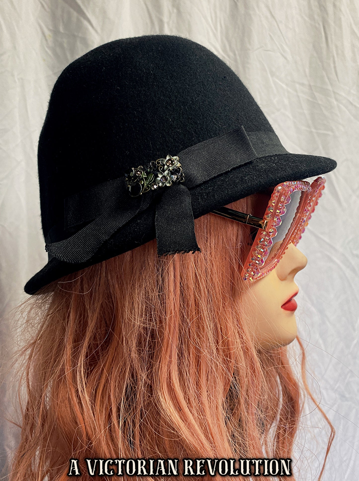 Vintage Inspired Black Felt Cloche Hat with Ribbon + Brooch