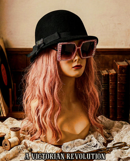 Vintage Inspired Black Felt Cloche Hat with Ribbon + Brooch