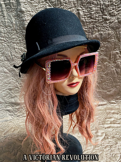 Vintage Inspired Black Felt Cloche Hat with Ribbon + Brooch