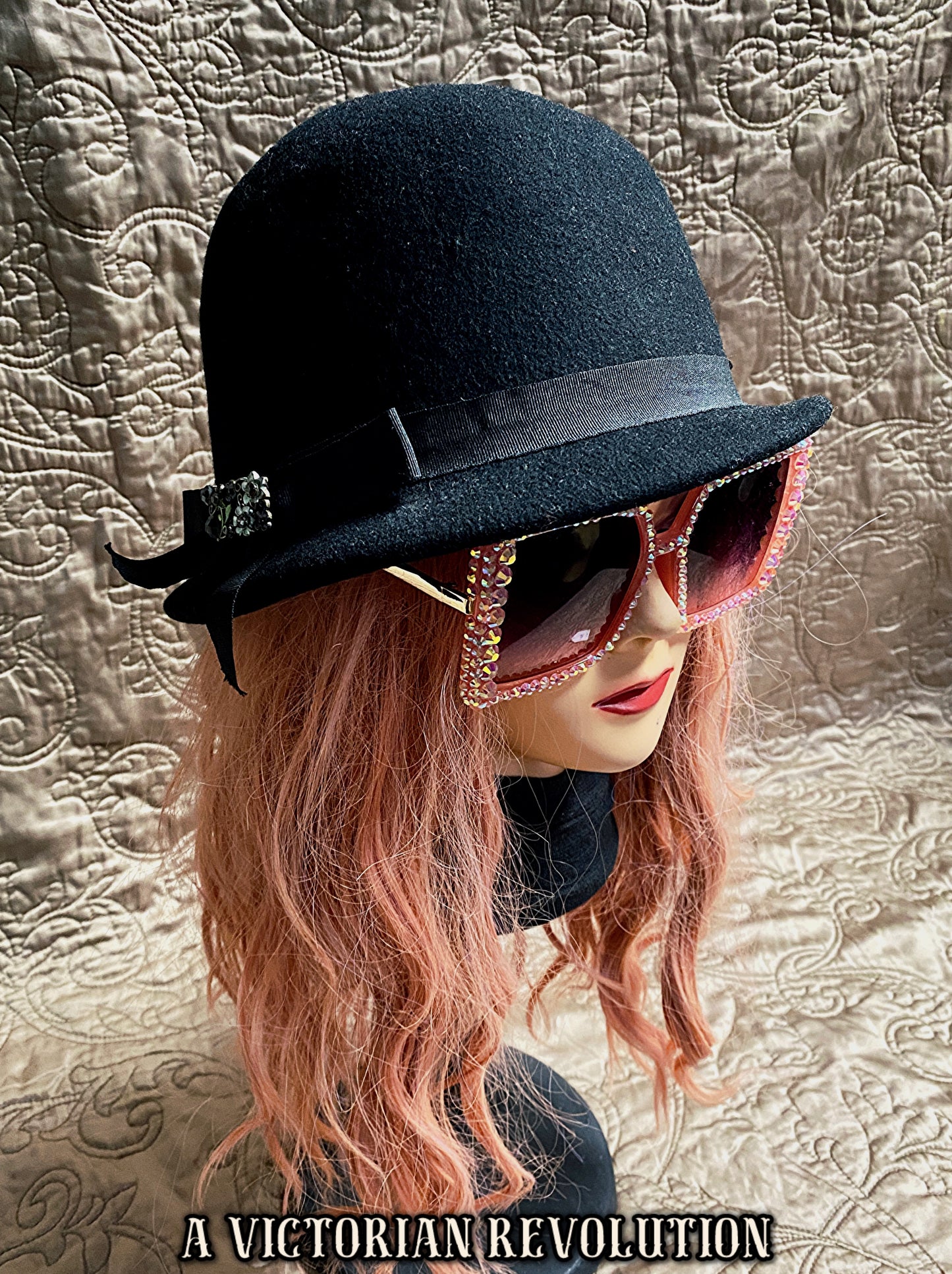 Vintage Inspired Black Felt Cloche Hat with Ribbon + Brooch