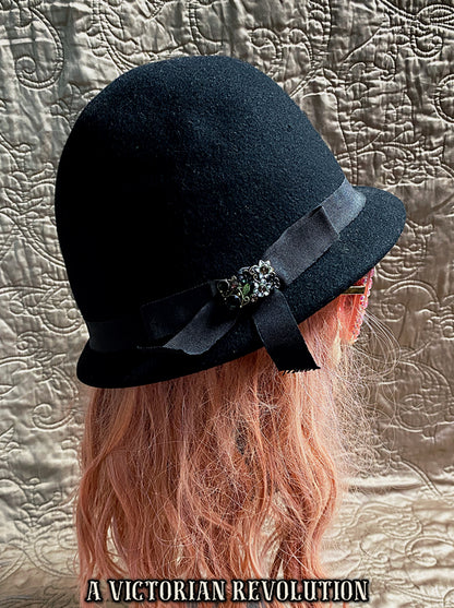 Vintage Inspired Black Felt Cloche Hat with Ribbon + Brooch