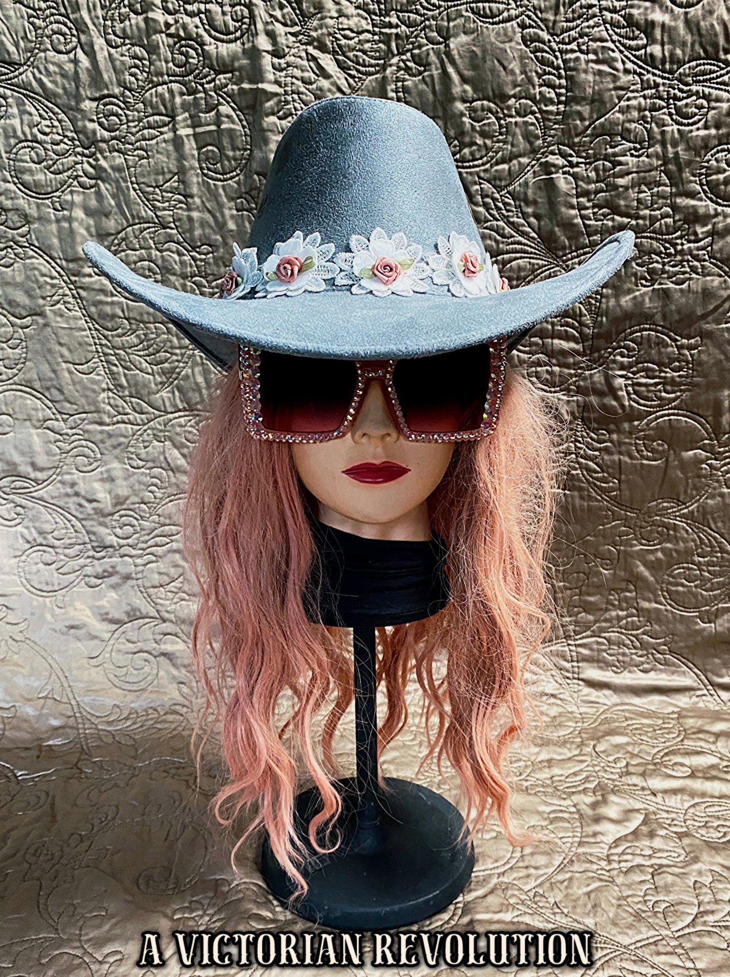 Grey Faux Suede Cowboy Hat with Floral Band - Western / Festival Vibe