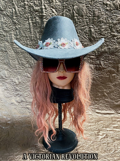 Grey Faux Suede Cowboy Hat with Floral Band - Western / Festival Vibe