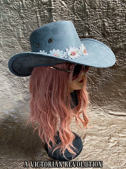Grey Faux Suede Cowboy Hat with Floral Band - Western / Festival Vibe