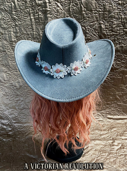 Grey Faux Suede Cowboy Hat with Floral Band - Western / Festival Vibe