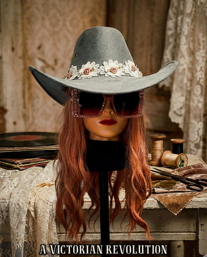Grey Faux Suede Cowboy Hat with Floral Band - Western / Festival Vibe