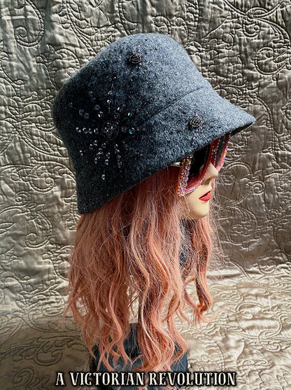Sparkly Heather Grey Felt Cloche / Bucket Hat with Beaded Starburst Detail