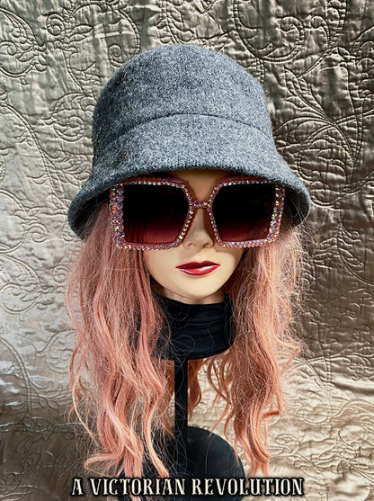 Sparkly Heather Grey Felt Cloche / Bucket Hat with Beaded Starburst Detail