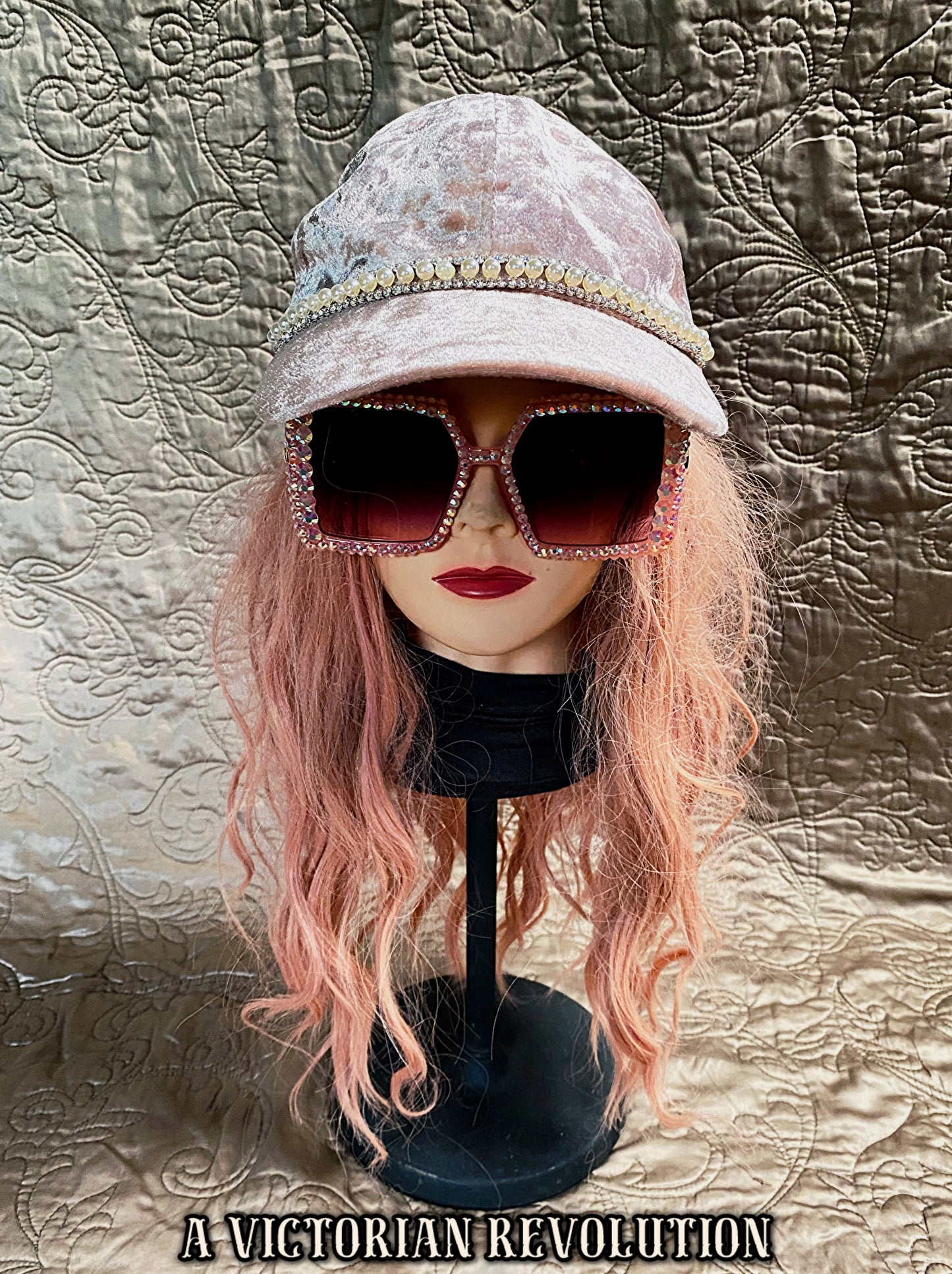 Dusty Pink Crushed Velvet Baseball Cap with Pearl + Rhinestone Trim