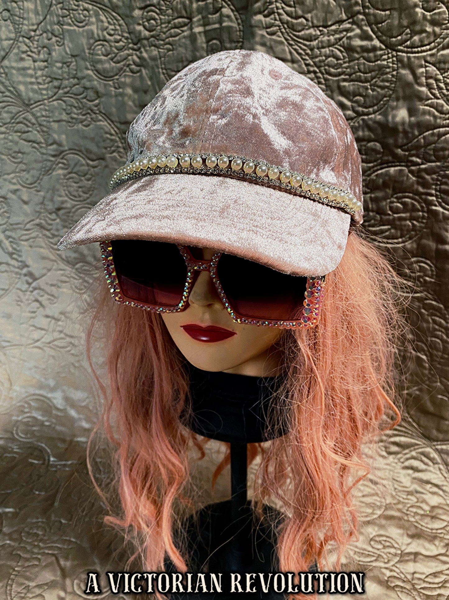 Dusty Pink Crushed Velvet Baseball Cap with Pearl + Rhinestone Trim