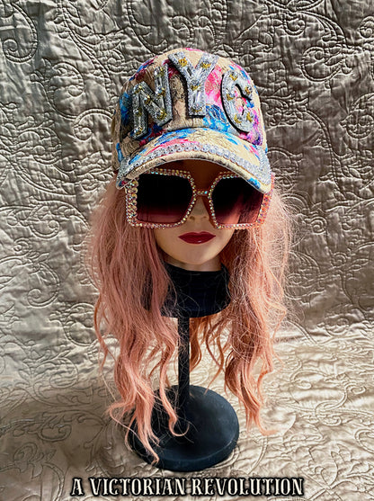 Blinged Out Floral NYC Baseball Cap with Chunky Rhinestones