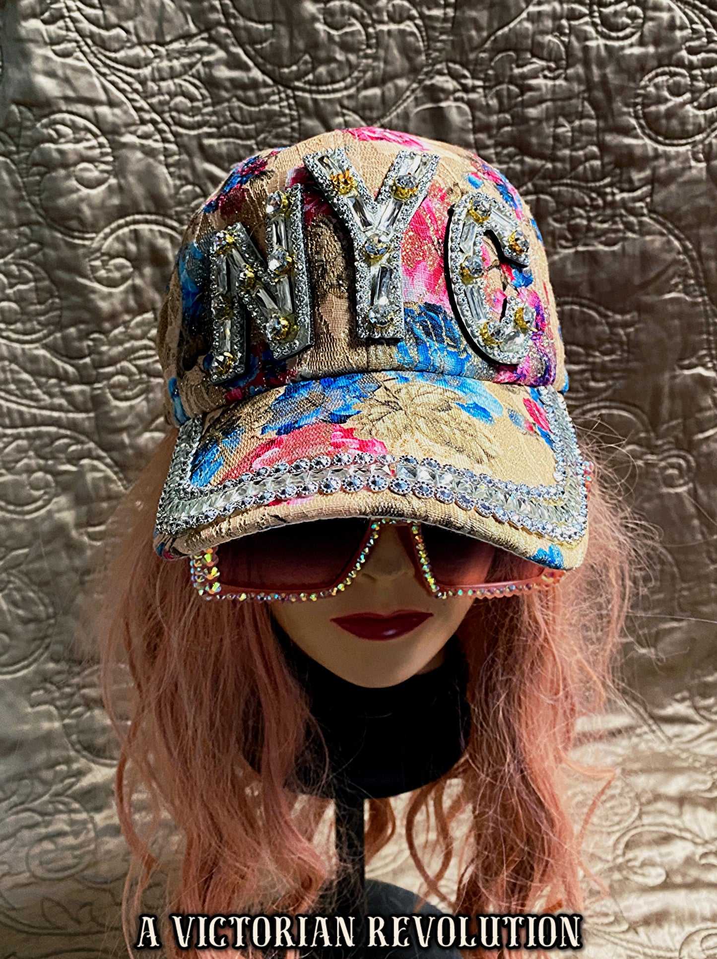 Blinged Out Floral NYC Baseball Cap with Chunky Rhinestones