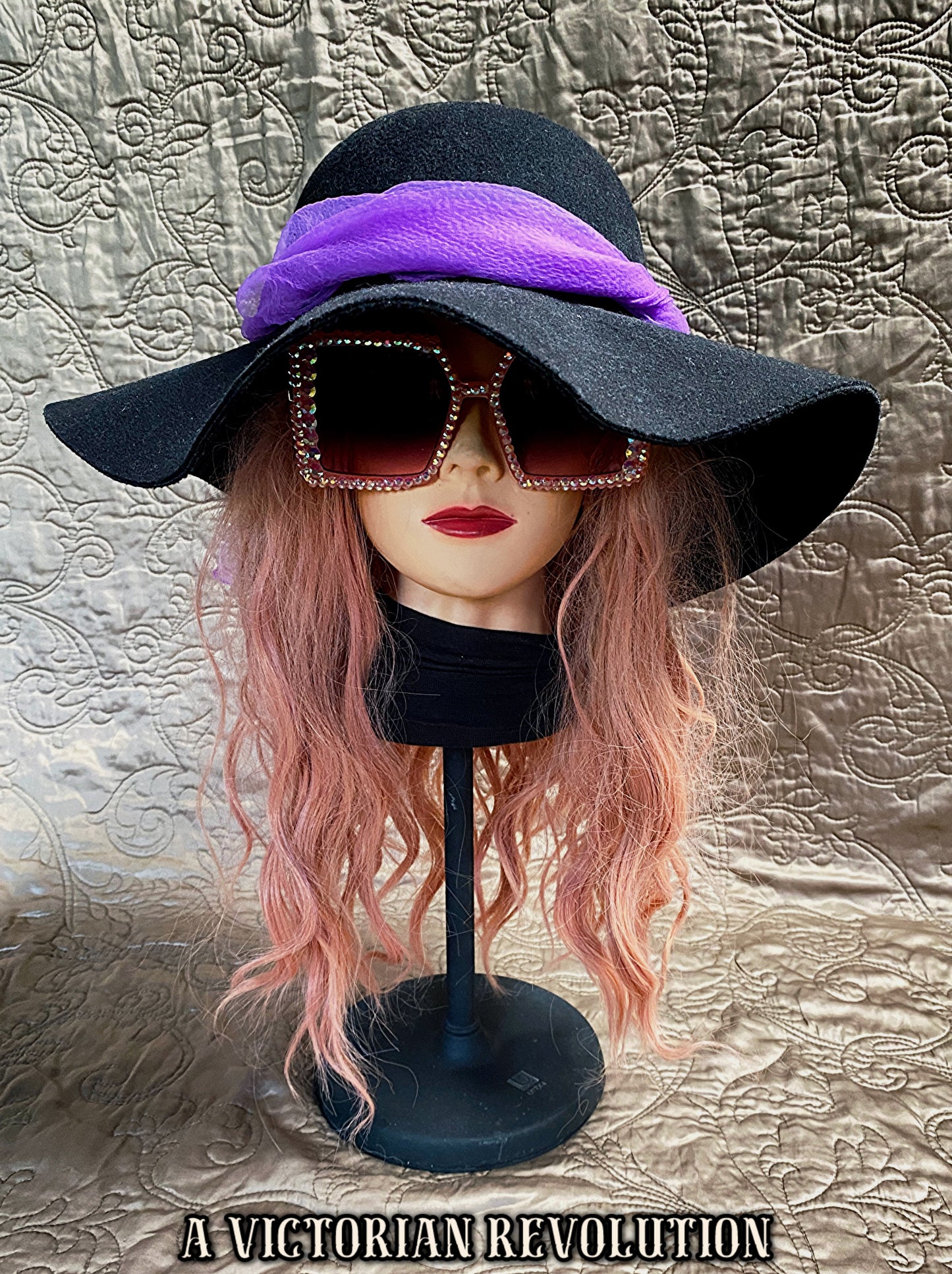 Wide Brim Black Felt Hat with Purple Tulle, Feathers + Jewel Flower