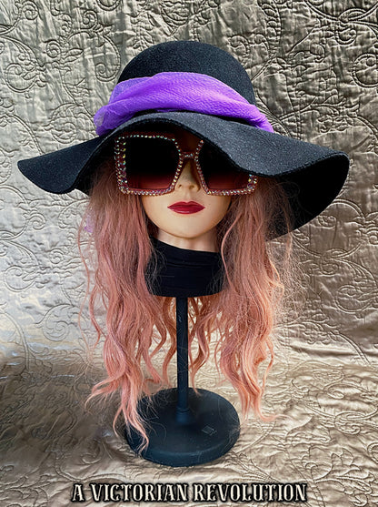Wide Brim Black Felt Hat with Purple Tulle, Feathers + Jewel Flower