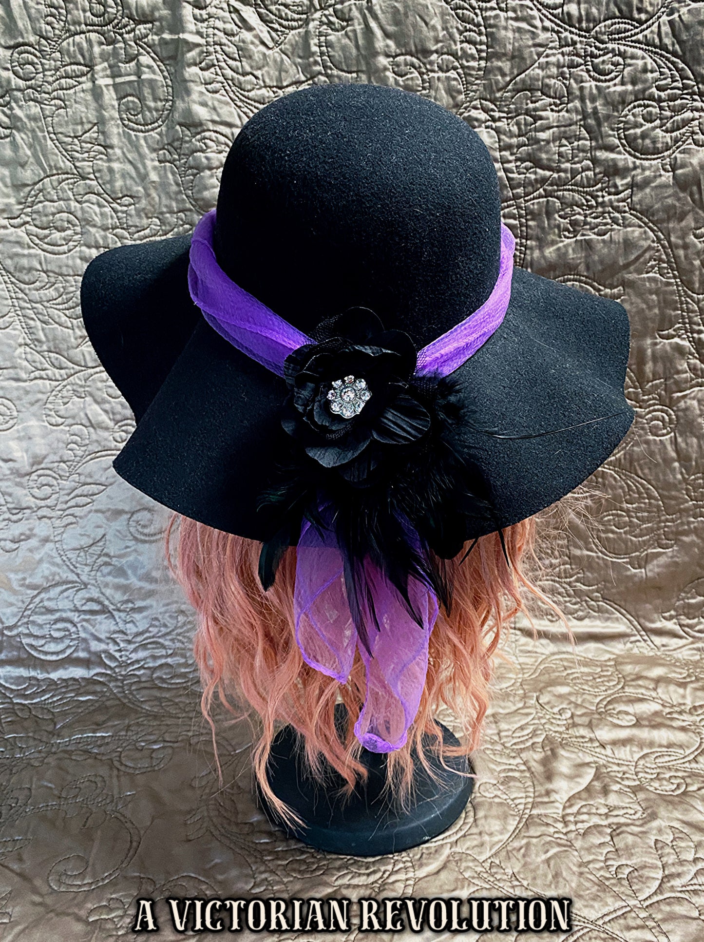 Wide Brim Black Felt Hat with Purple Tulle, Feathers + Jewel Flower