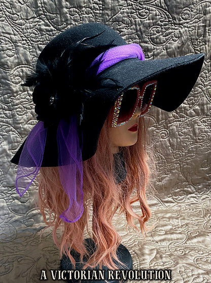 Wide Brim Black Felt Hat with Purple Tulle, Feathers + Jewel Flower