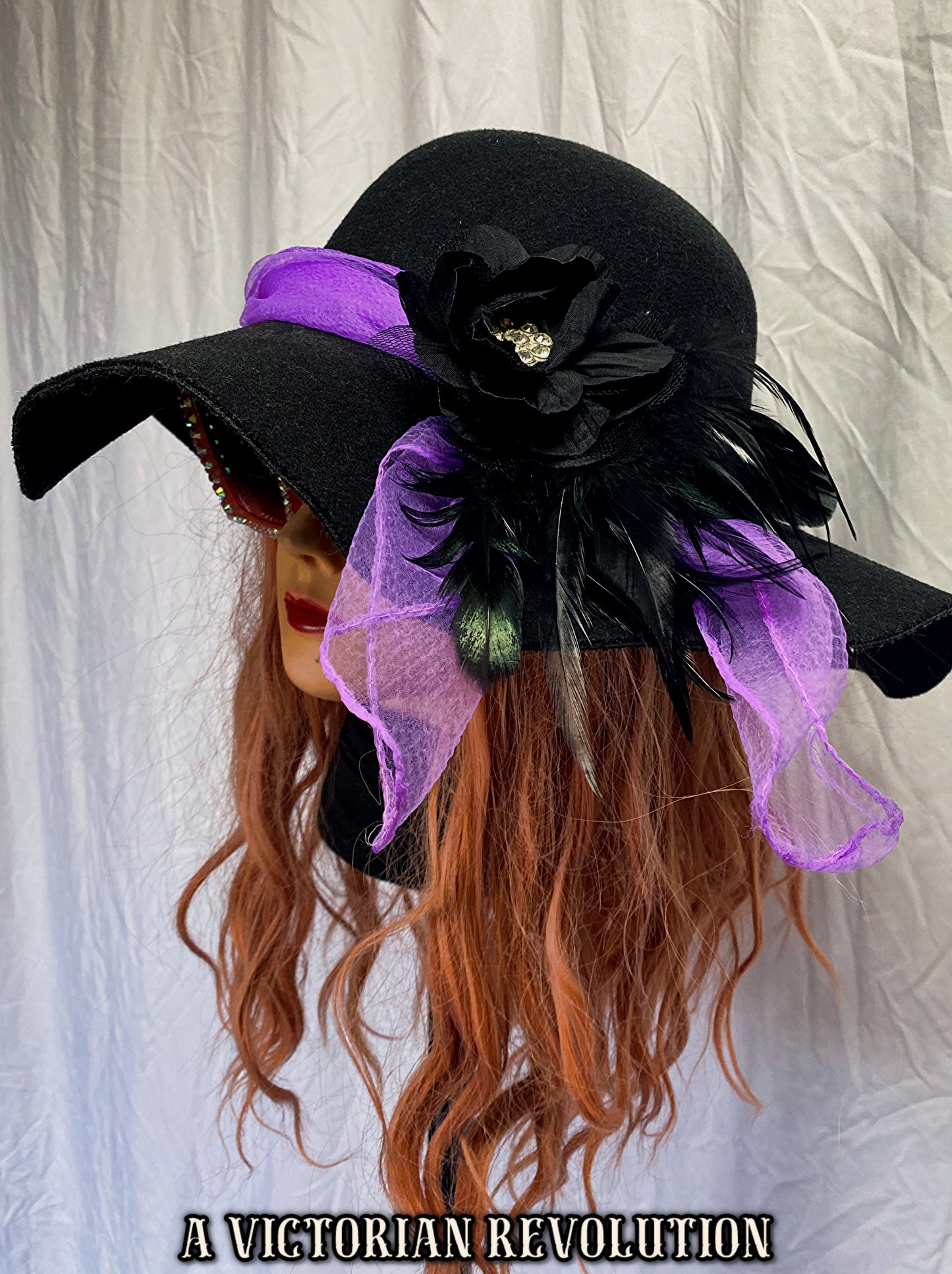 Wide Brim Black Felt Hat with Purple Tulle, Feathers + Jewel Flower