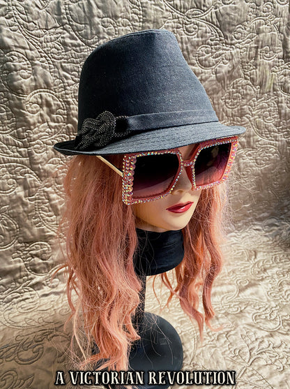 Charcoal Grey Glitter Fedora with Rhinestone Knot Detail