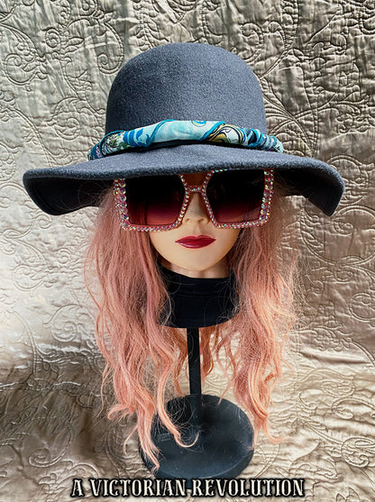 Grey Felt Wide Brim Hat with Patterned Scarf Tie Band